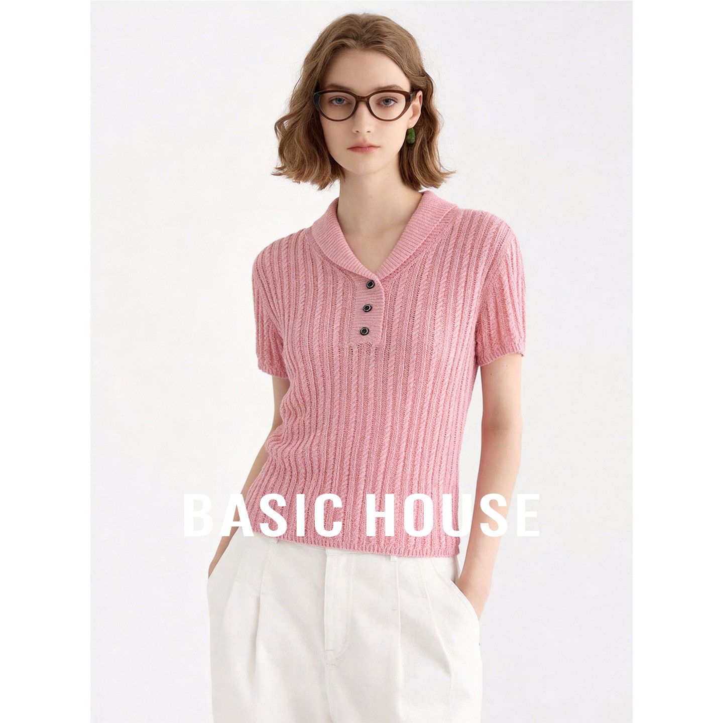 Basic House/百家好纯色V领短袖针织衫2026新款百搭短款套头上衣
