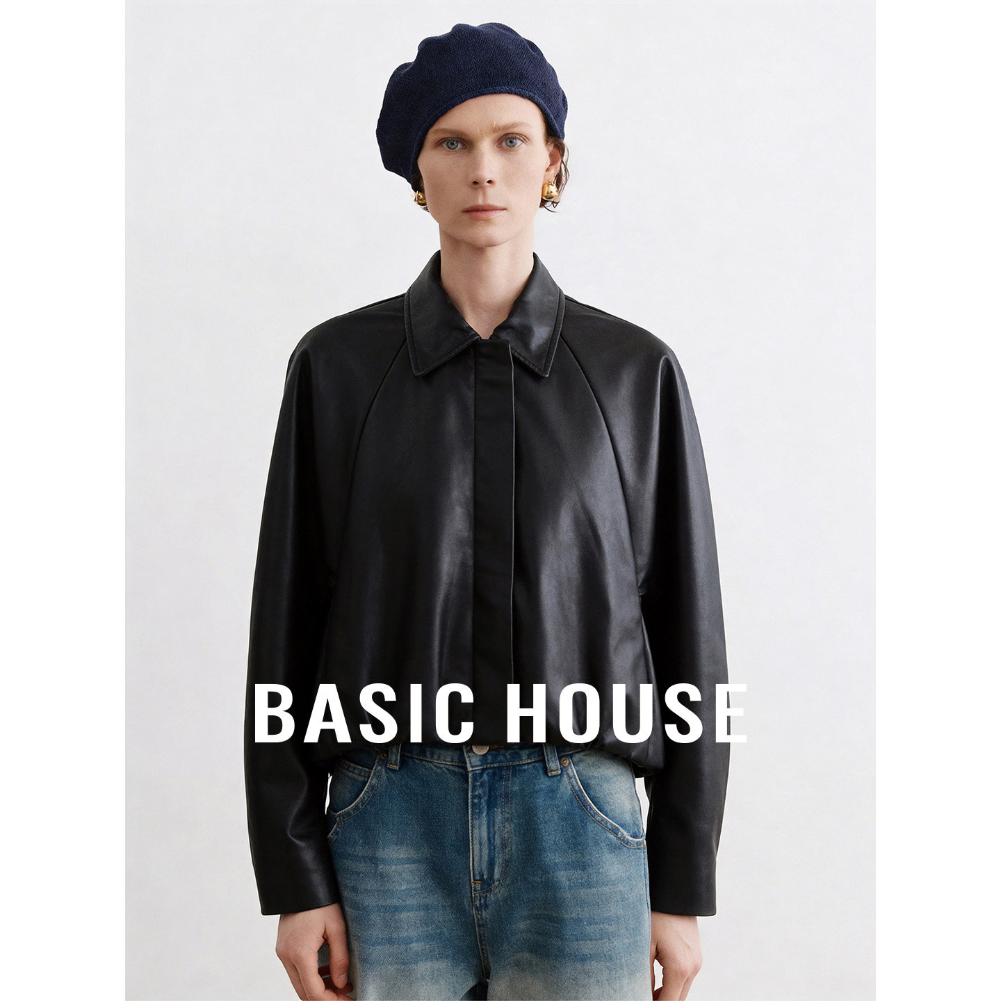 Basic House/百家好黑色翻领短款PU外套秋季好看洋气长袖夹克上衣
