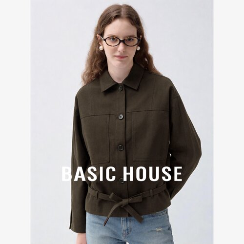 Basic House/百家好莱赛尔翻领绑带收腰短外套女复古宽松夹克上衣