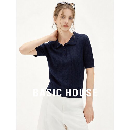 Basic House/百家好藏青色羊毛针织Polo衫女短袖修身翻领绞花上衣