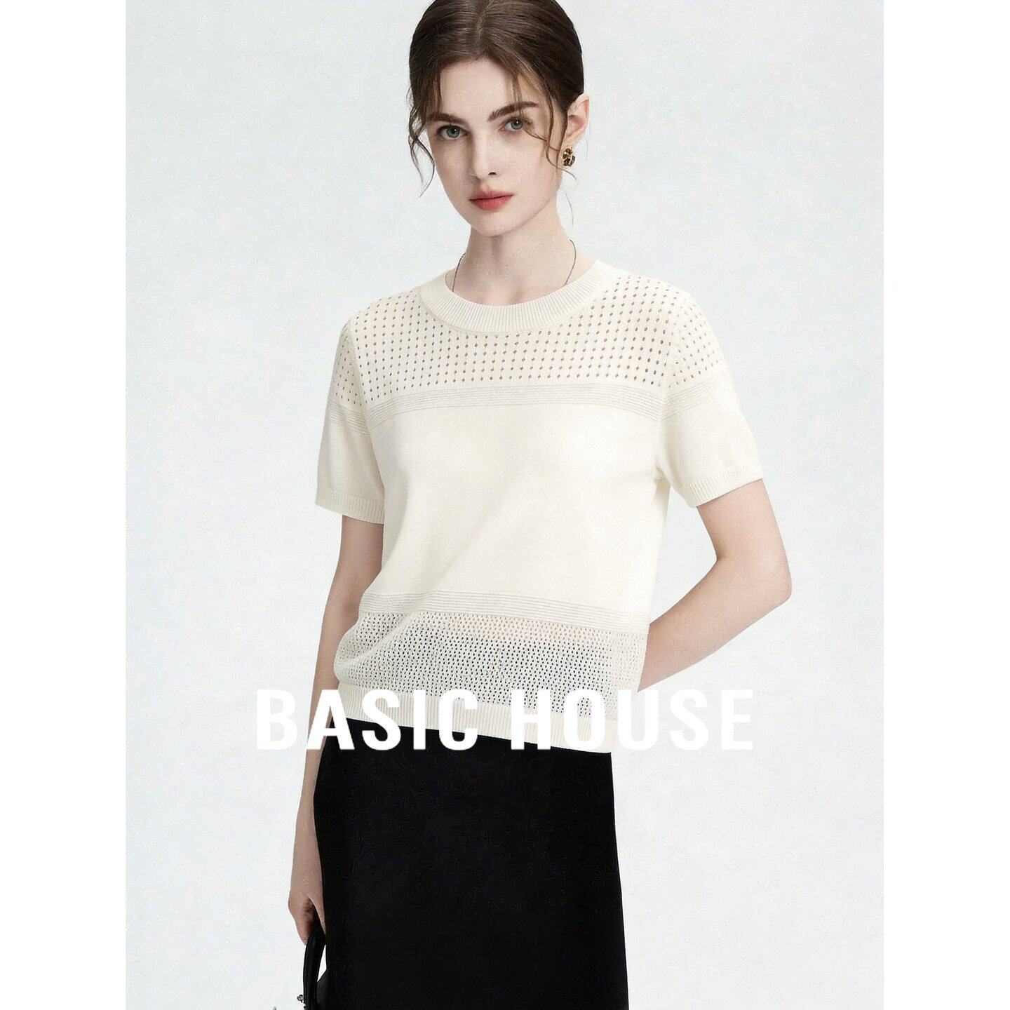 Basic House/百家好莱赛尔白色镂空短袖针织衫女夏季上衣薄款百搭