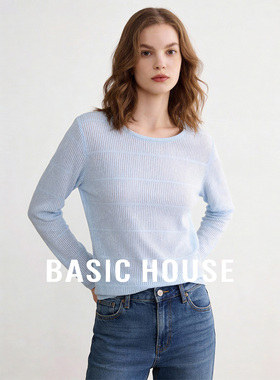 Basic House/百家好蓝色圆领镂空长袖罩衫女春季莱赛尔百搭针织衫
