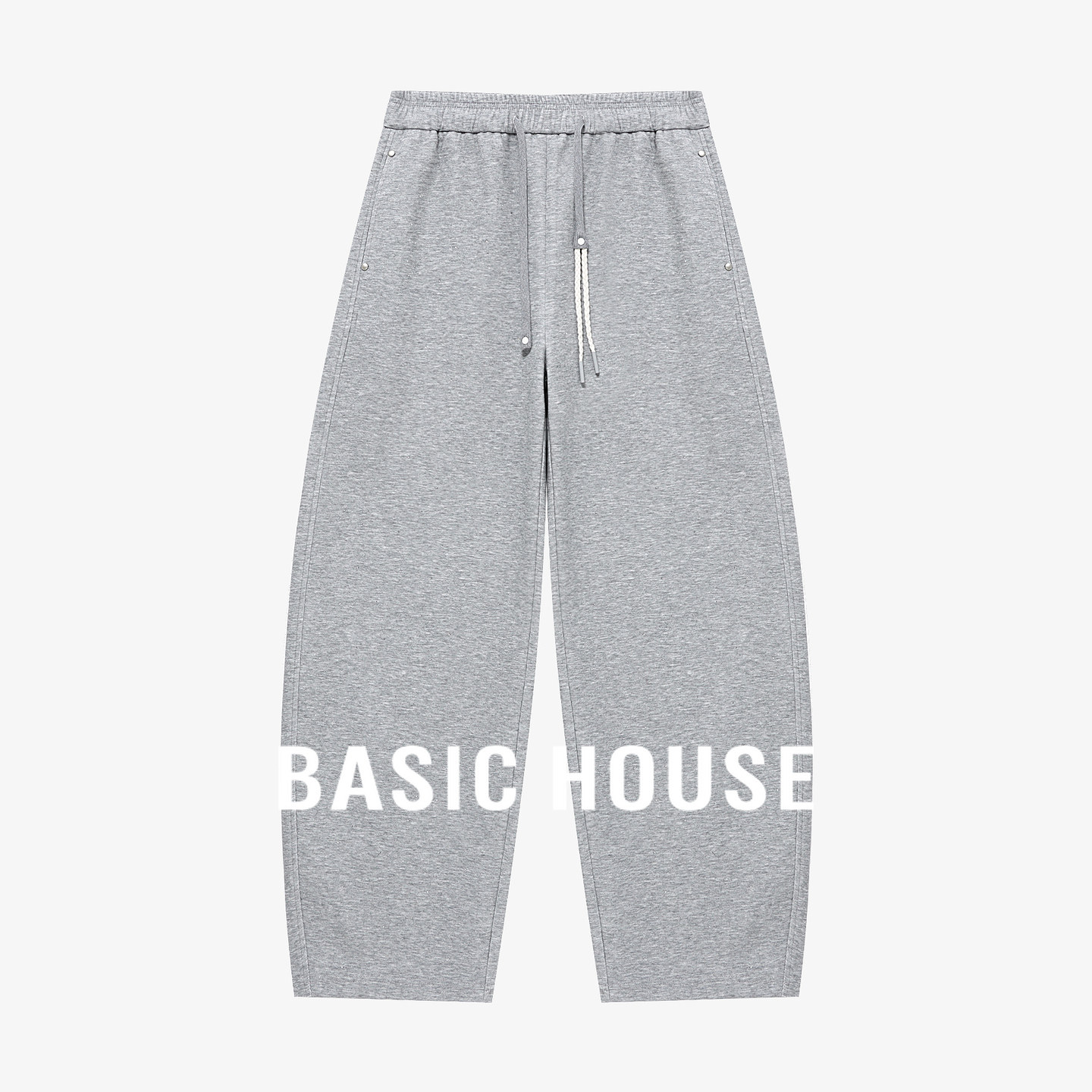 Basic House/百家好灰色抽绳弯刀卫裤女宽松阔腿香蕉裤休闲运动裤