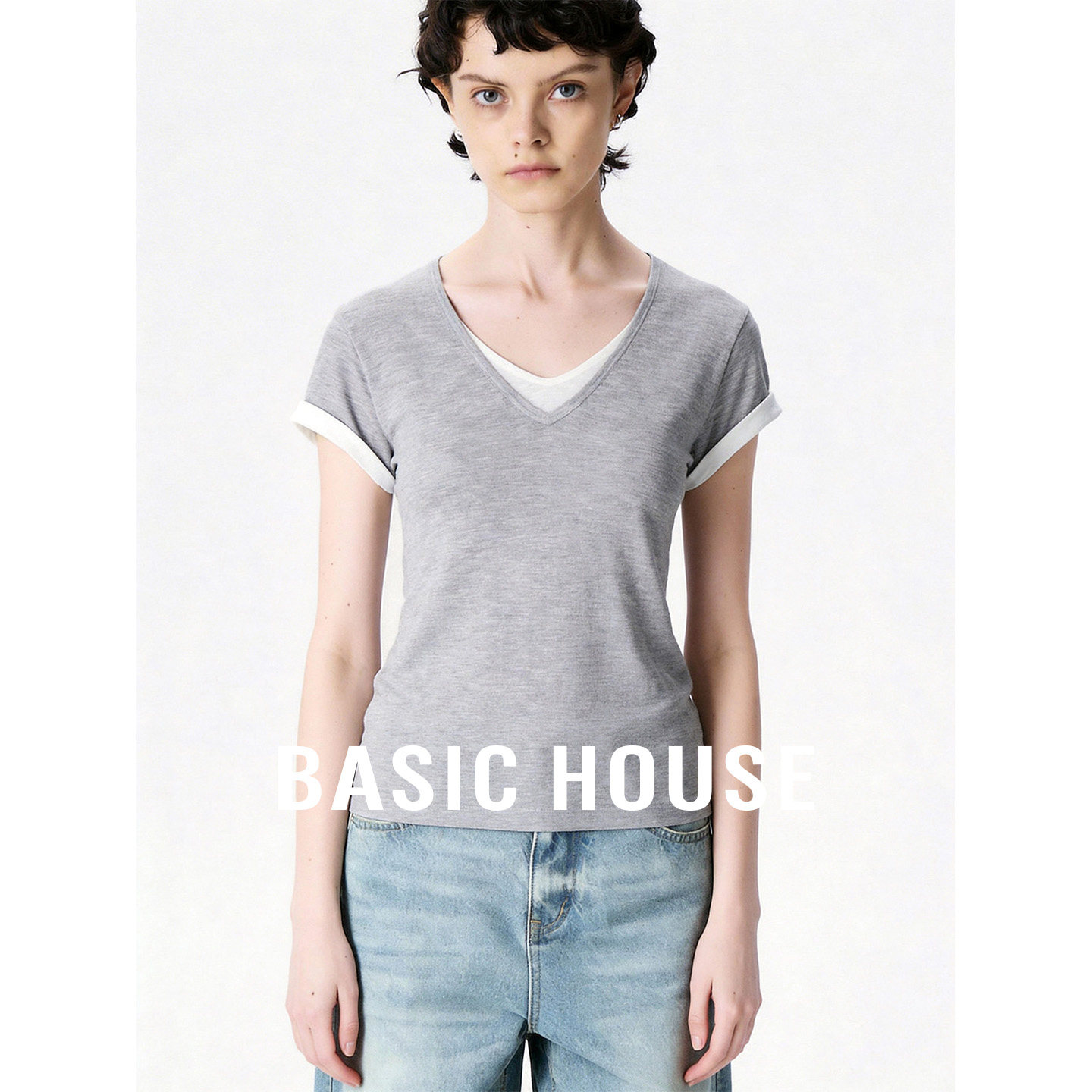 Basic House/百家好假两件V领短袖针织衫女撞色休闲通勤套头上衣
