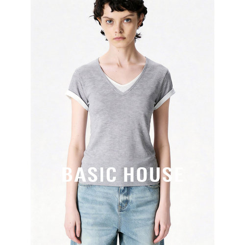 Basic House/百家好假两件V领短袖针织衫女撞色休闲通勤套头上衣