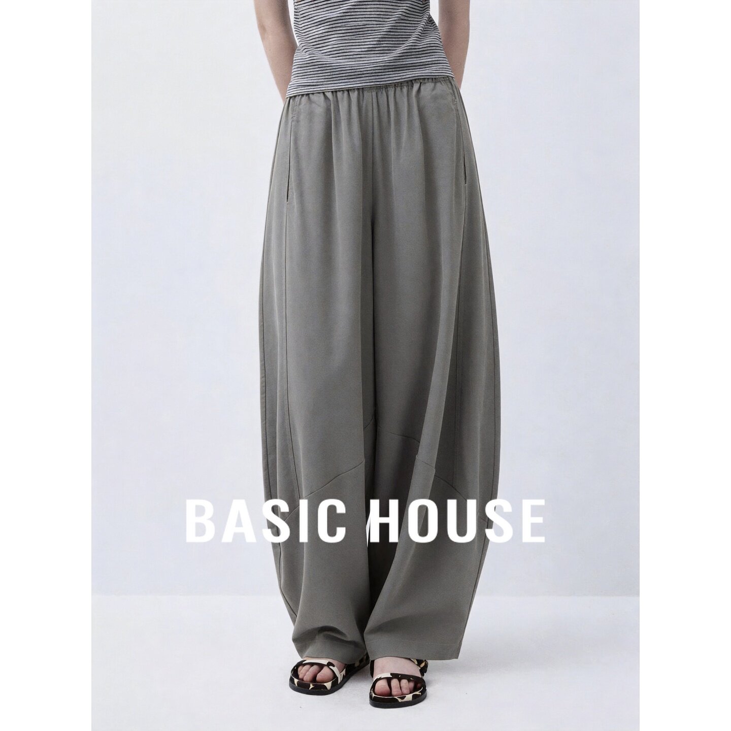 Basic House/百家好高腰灰色莱赛尔阔腿裤宽松显瘦慵懒亚麻休闲裤