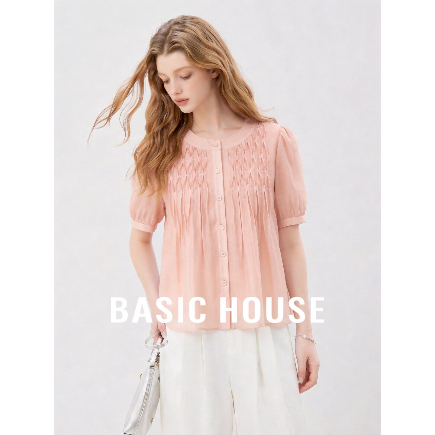 Basic House/百家好粉色圆领泡泡袖短袖衬衫抽褶设计韩版女装夏季