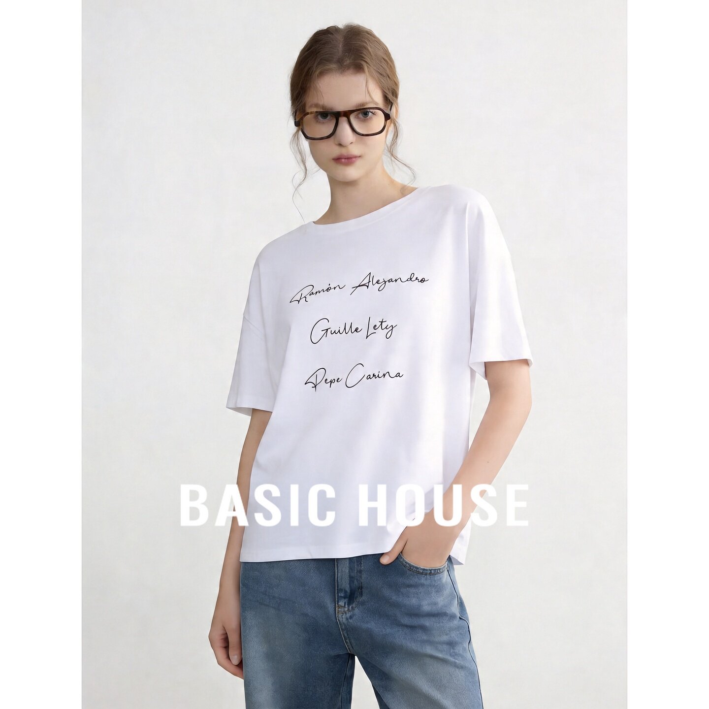 Basic House/百家好白色字母印花短袖T恤女2026夏季简约宽松上衣