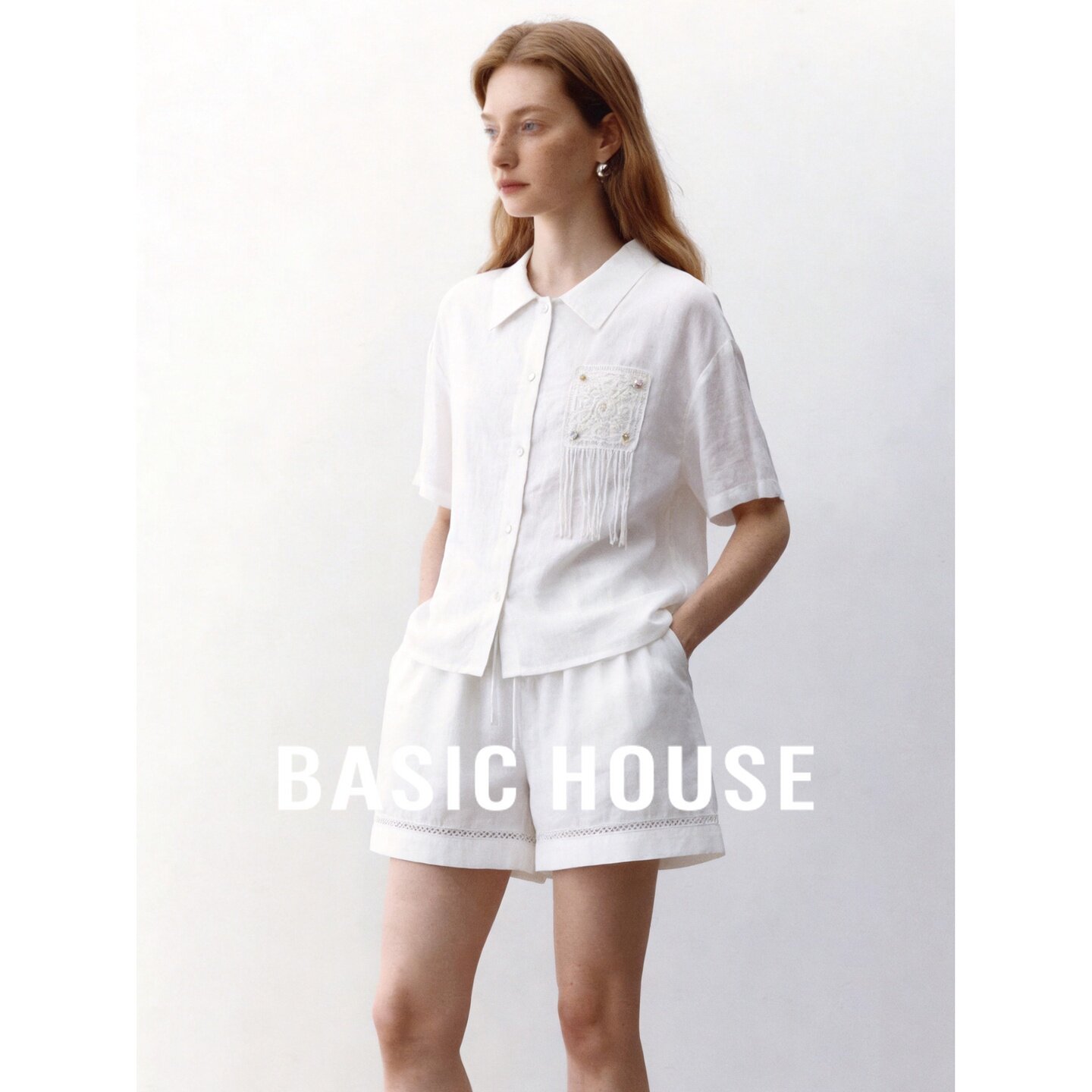 Basic House/百家好亚麻短袖衬衫套装翻领刺绣流苏宽松女夏季极简