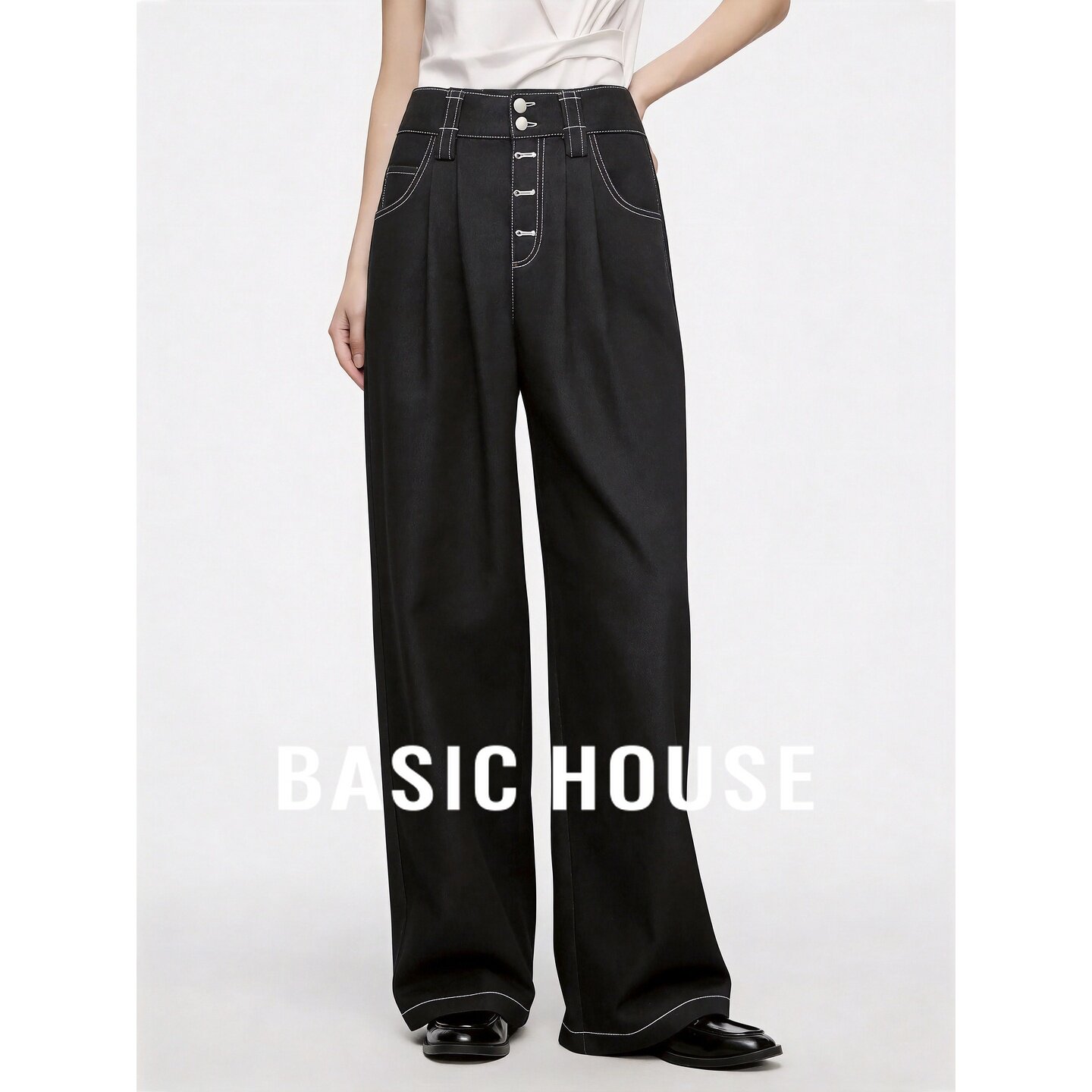 Basic House/百家好高级感黑色高腰阔腿牛仔裤女宽松显瘦直筒长裤