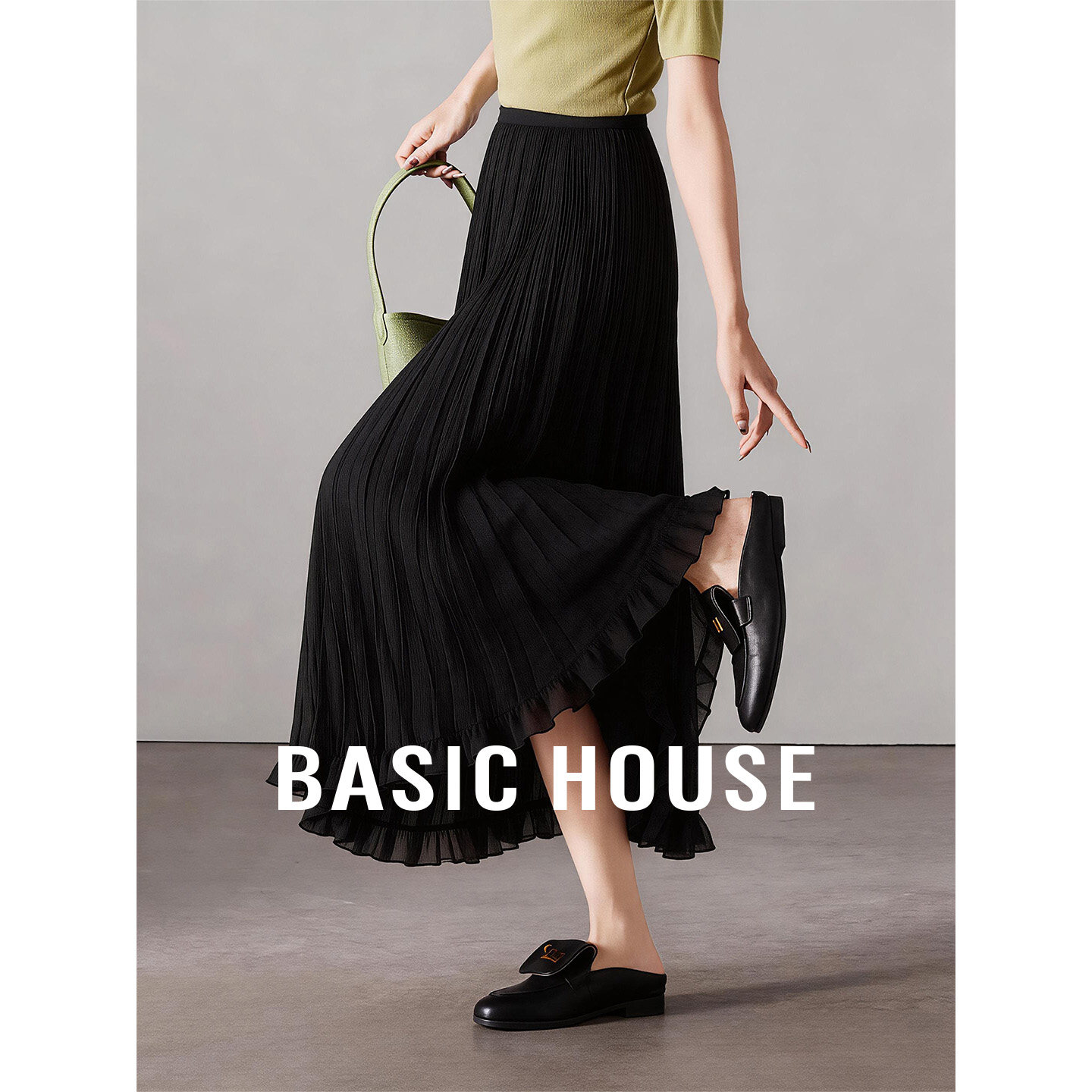 Basic House/百家好黑色高腰网纱半身长裙女夏季超好看百搭A字裙