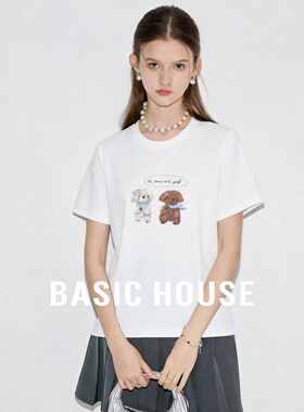 Basic House/百家好白色设计感卡通图案短袖时尚百搭显瘦T恤夏季