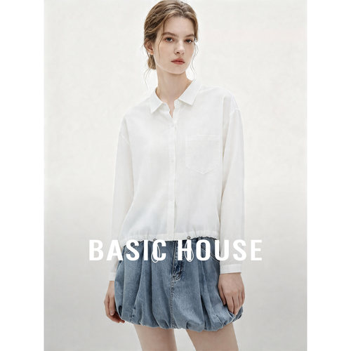 Basic House/百家好翻领系扣长袖衬衫莱赛尔透气下摆抽绳衬衣外搭