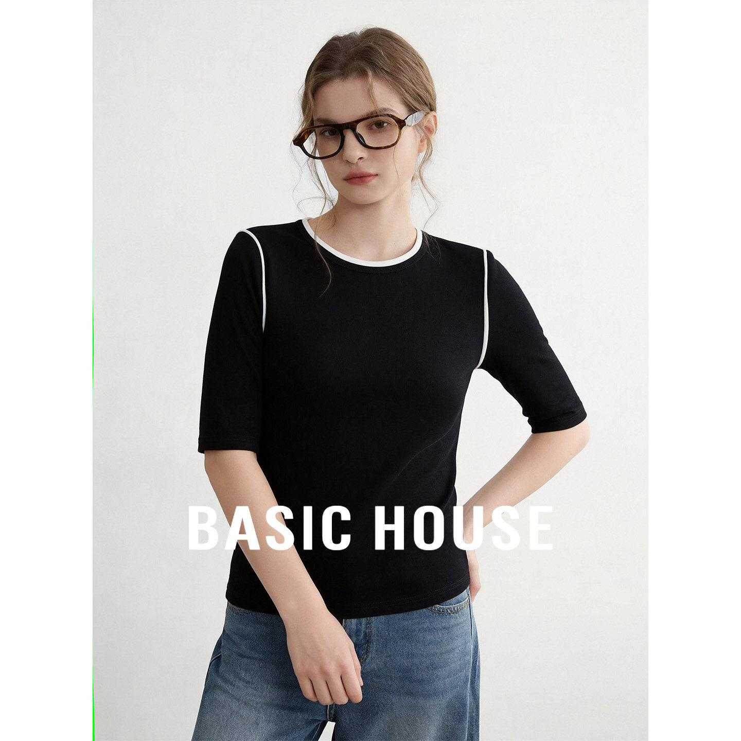 Basic House/百家好撞色中袖T恤26春季新款宽松显瘦简约风上衣女