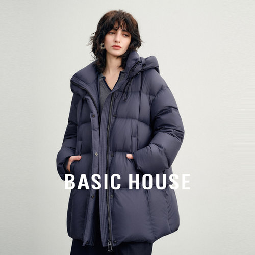 Basic House/百家好时髦御寒白鸭绒中长款羽绒服连帽立领加厚外套