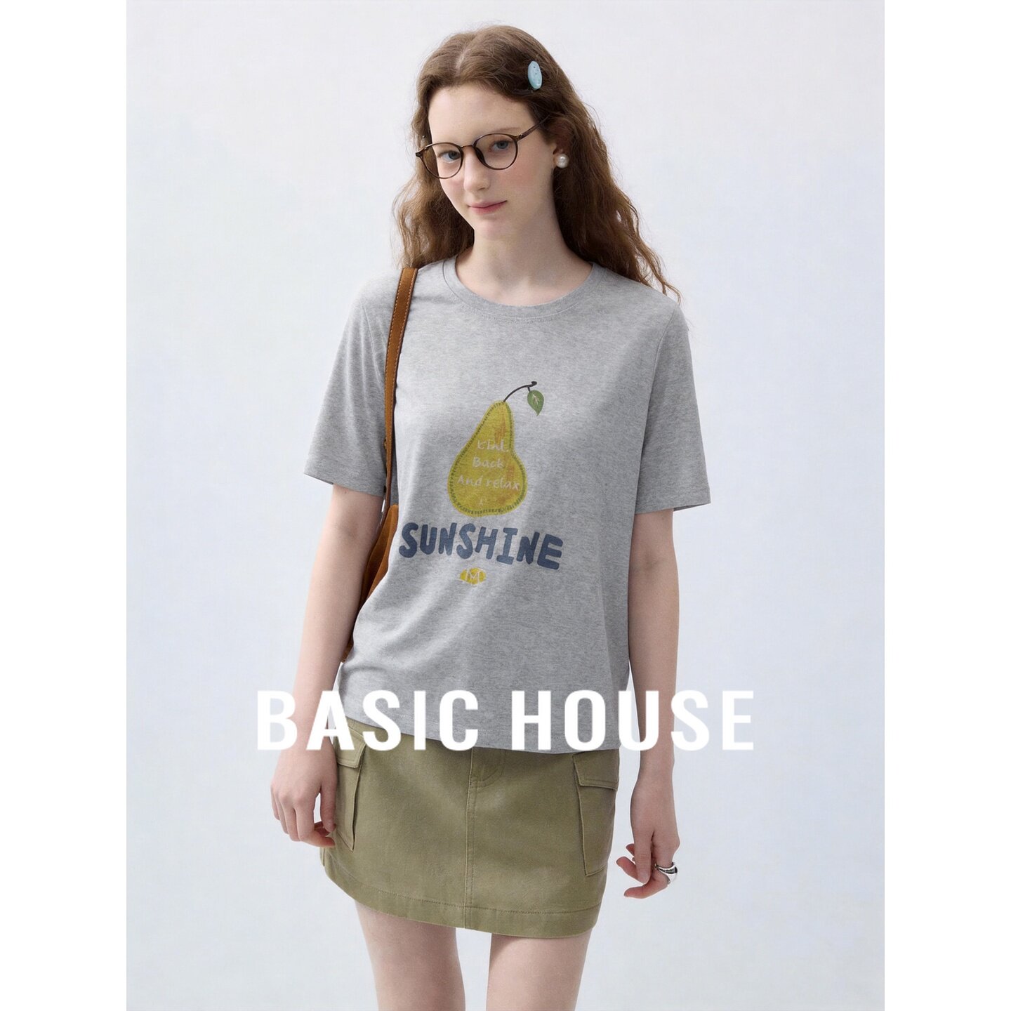 Basic House/百家好简约时尚水果印花含棉T恤女短袖百搭休闲上衣