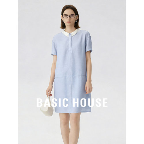 Basic House/百家好夏极简时髦拼色翻领轻薄舒适莱赛尔中长连衣裙
