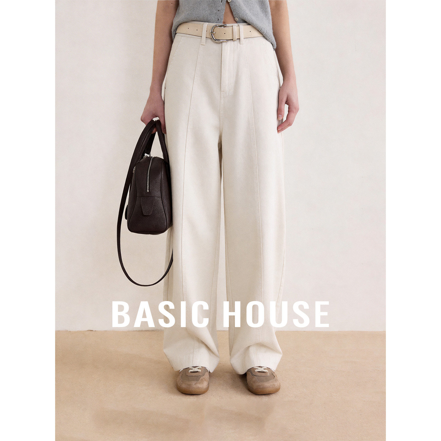 Basic House/百家好纯色高腰阔腿弯刀裤女秋季新款通勤百搭长裤子