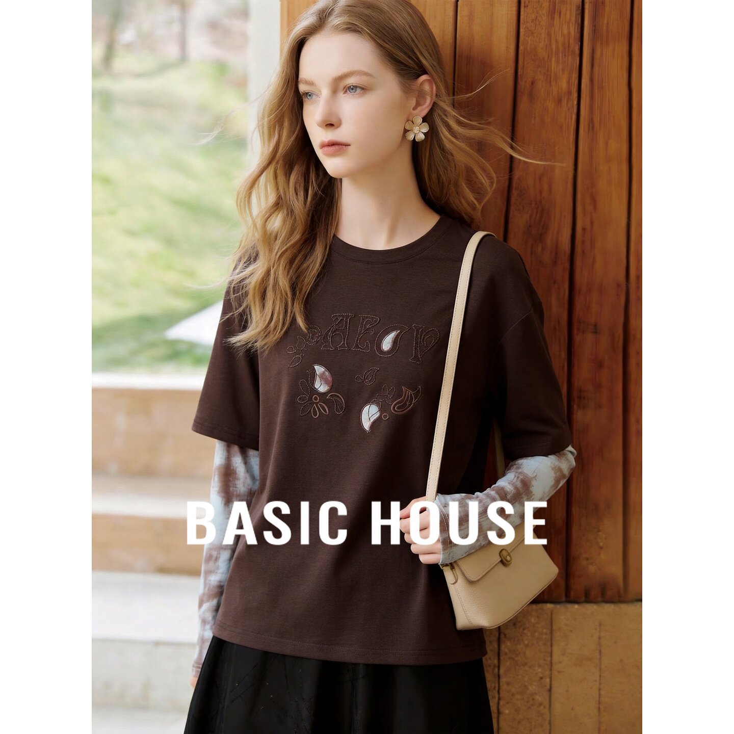 Basic House/百家好韩系莫代尔含棉圆领拼接宽松长袖T恤女显瘦