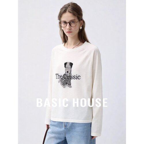 Basic House/百家好松弛感小狗字图案针织衫女圆领宽松廓形上衣
