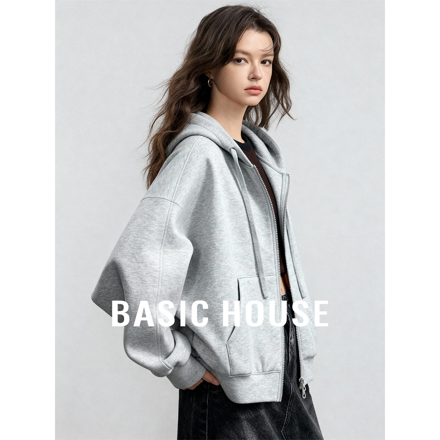 Basic House/百家好2026纯色连帽春季新款卫衣女通勤休闲简约外套