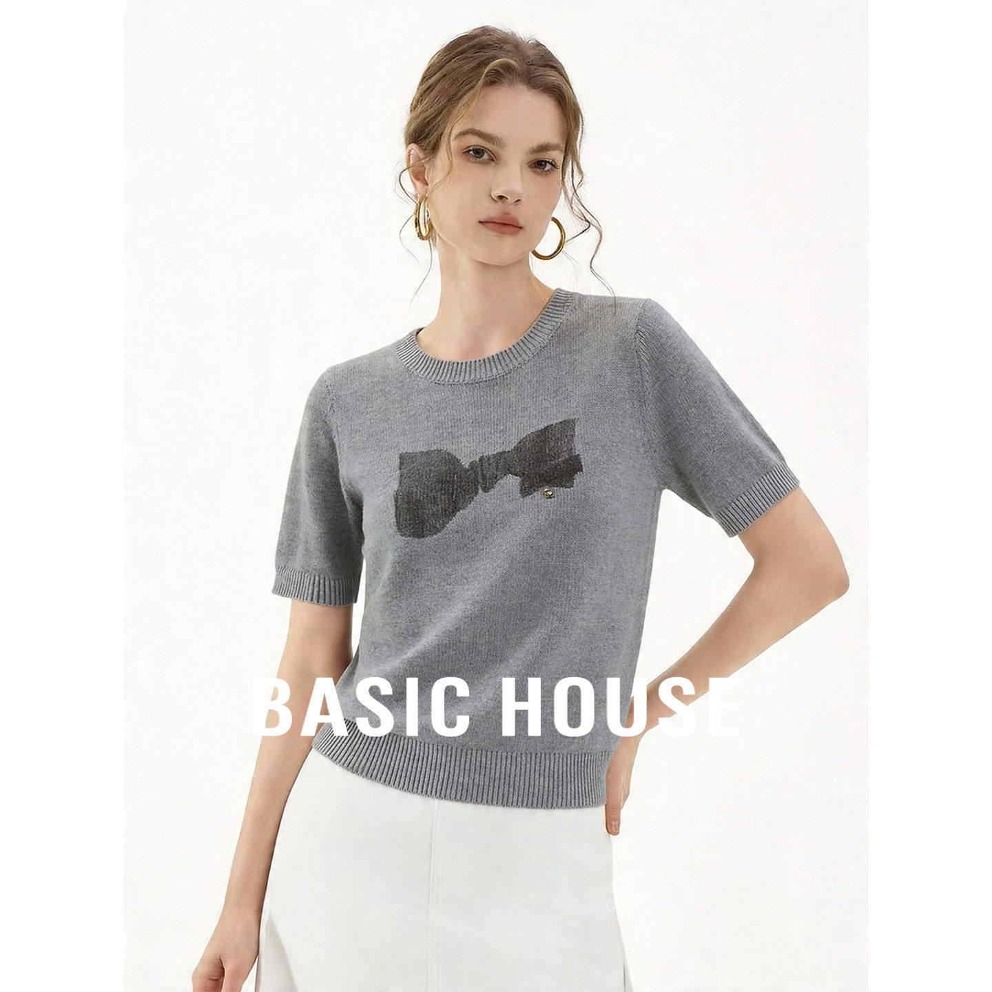 Basic House/百家好莱赛尔蝴蝶结短袖针织衫女夏季短款上衣小个子