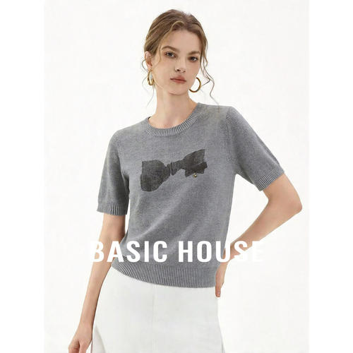 Basic House/百家好莱赛尔蝴蝶结短袖针织衫女夏季短款上衣小个子