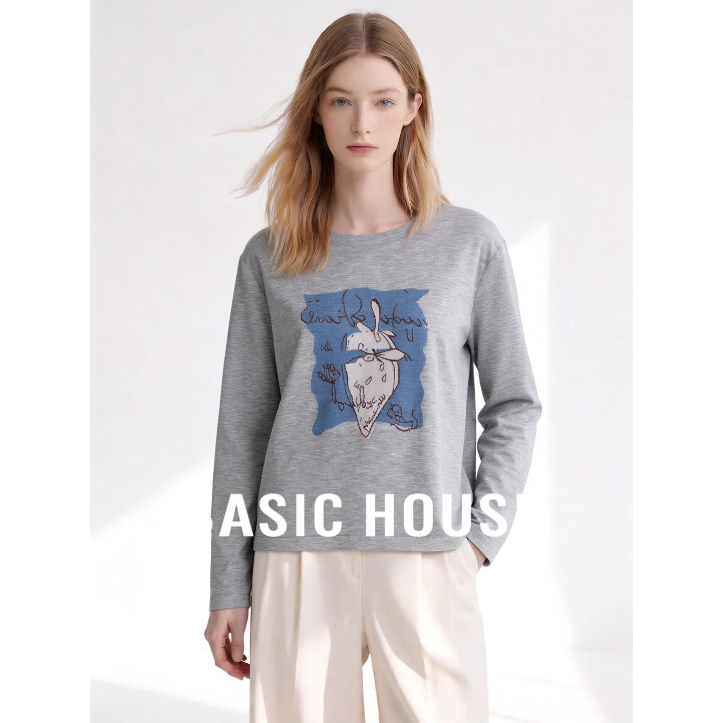 Basic House/百家好圆领卡通印花极简针织衫女宽松百搭打底衫上衣