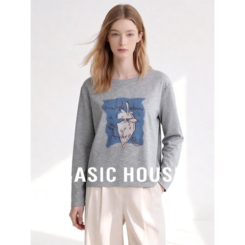 Basic House/百家好2026秋季灰色圆领猫咪印花宽松文艺长袖针织衫