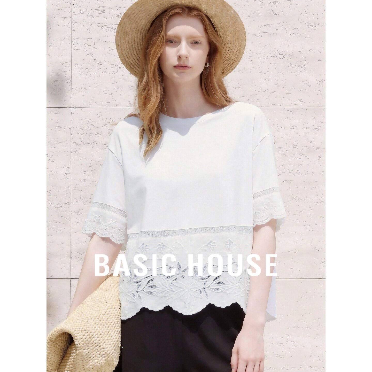 Basic House/百家好白色蕾丝刺绣短袖T恤女夏季宽松休闲廓形上衣