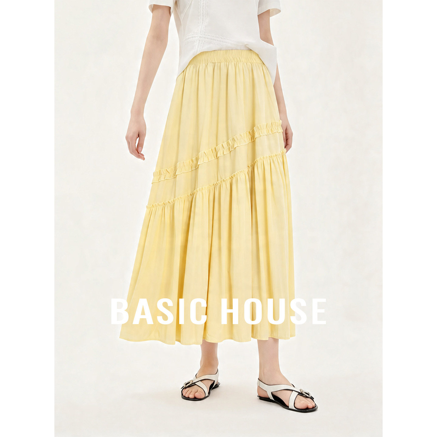 Basic House/百家好黄色清新高腰A字半身裙女夏季宽松遮肉中长裙
