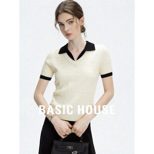 Basic House/百家好撞色假两件翻领短袖针织衫女夏含羊毛修身上衣
