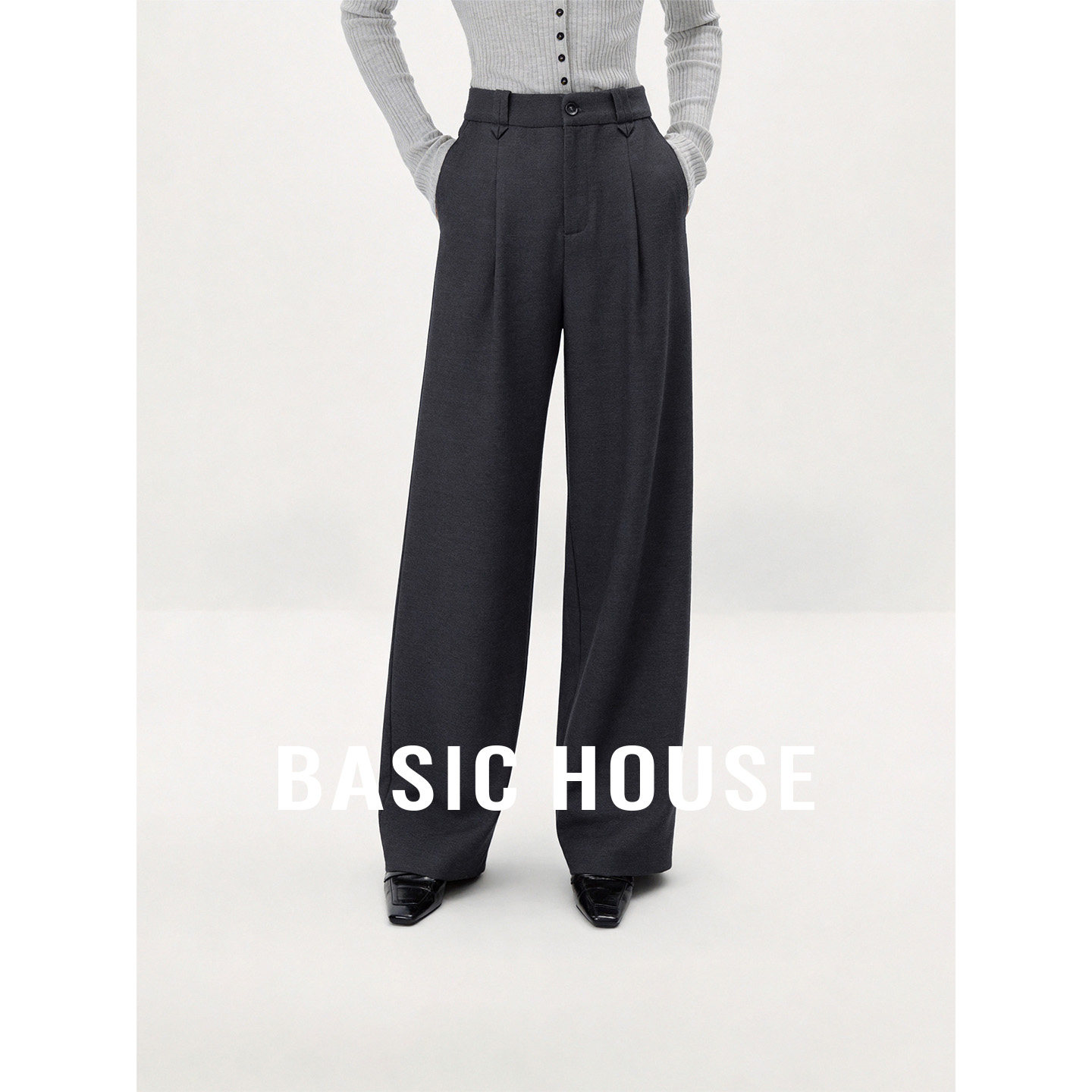 Basic House/百家好老钱风高腰阔腿西装裤女夏宽松弯刀裤休闲长裤