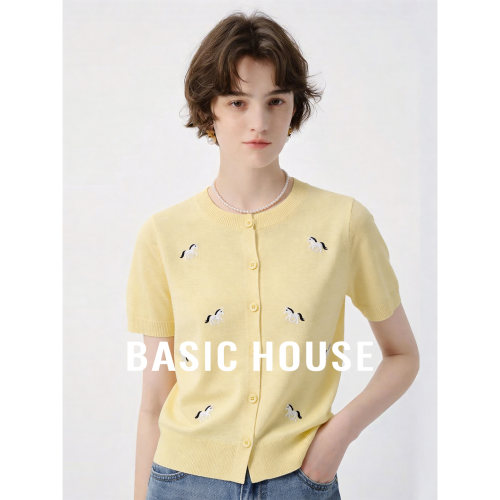 Basic House/百家好小马刺绣圆领短袖针织开衫女气质薄款短款上衣