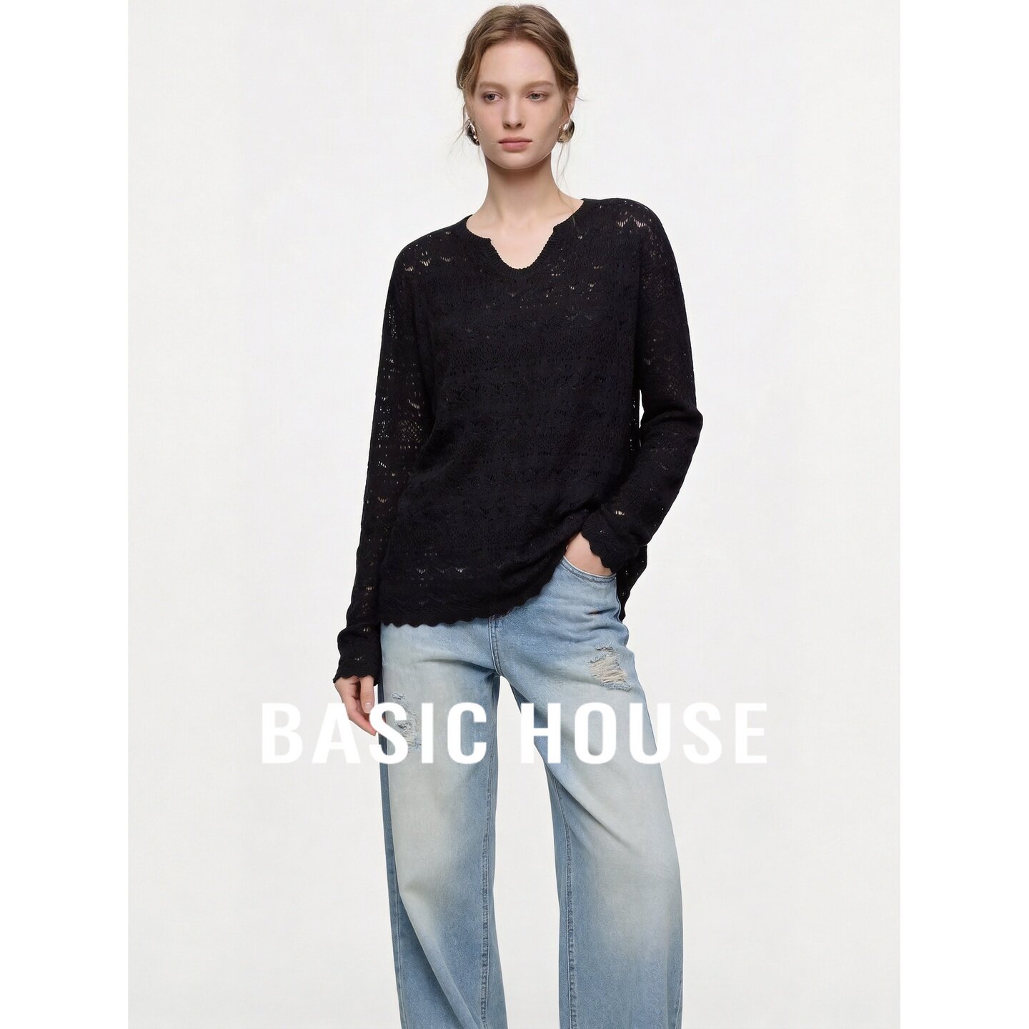 Basic House/百家好慵懒风羊毛镂空针织衫女黑色套头减龄上衣秋季
