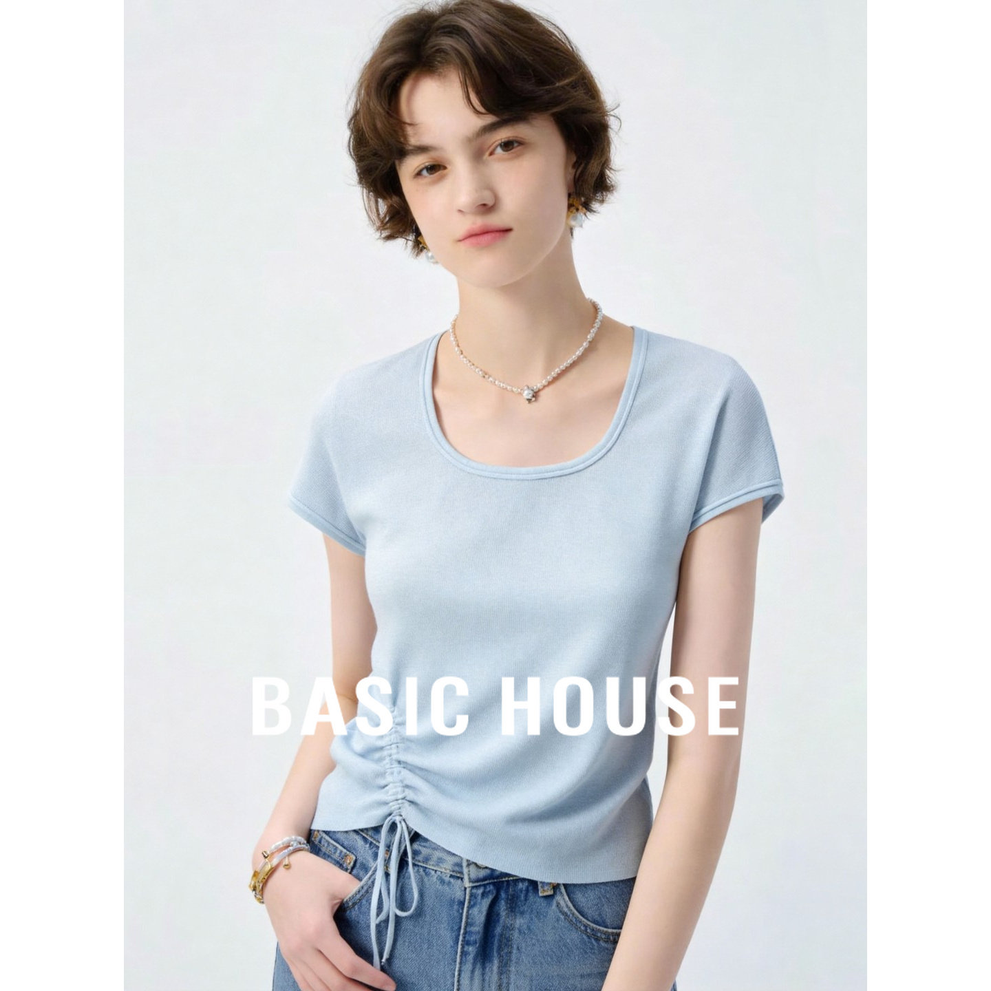 Basic House/百家好蓝色方领短袖针织衫女夏百搭修身显瘦气质上衣