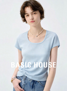 Basic House/百家好蓝色方领短袖针织衫女夏百搭修身显瘦气质上衣