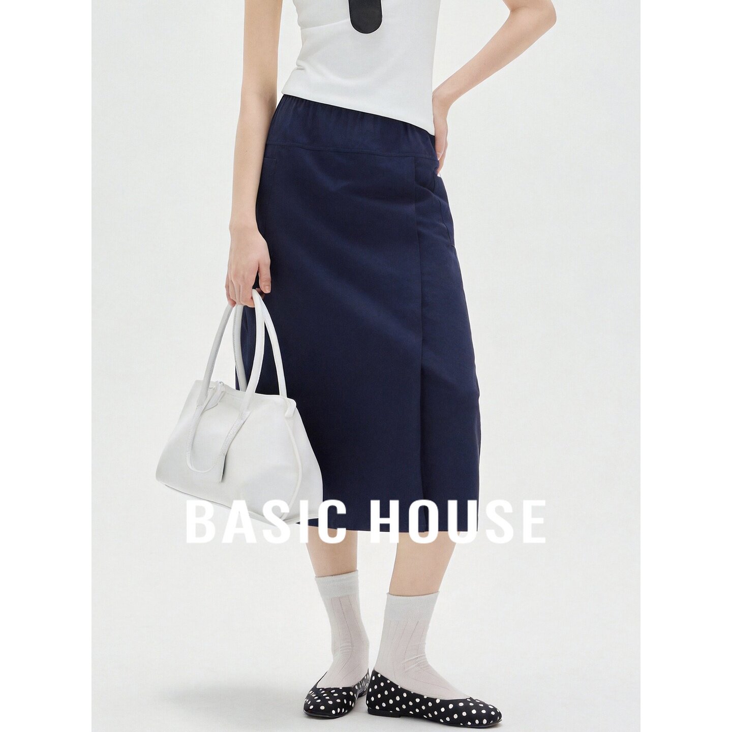 Basic House/百家好藏青色直筒休闲裤女藏蓝色中长款显瘦百搭裙裤