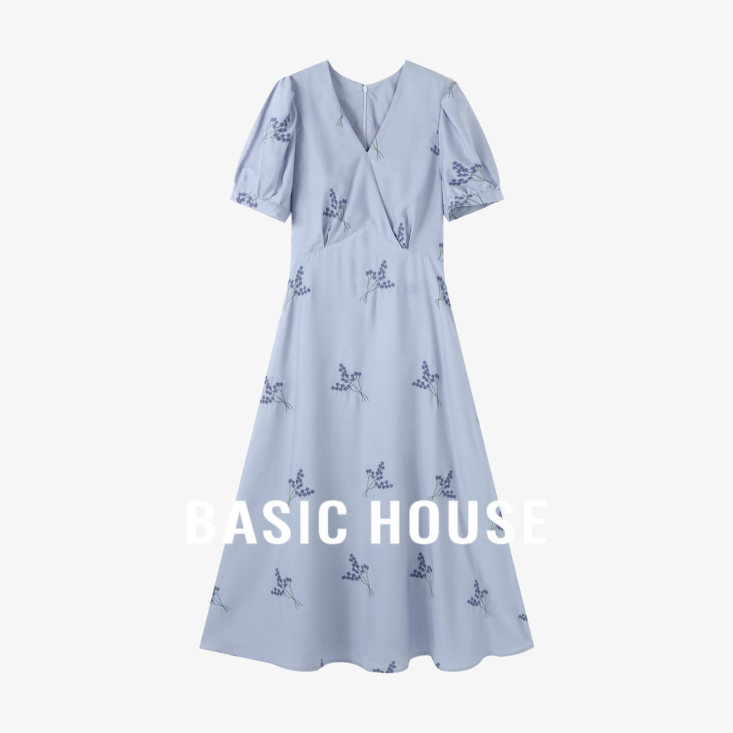 Basic House/百家好夏舒适松弛提花刺绣轻薄系带V领柔软连衣裙女