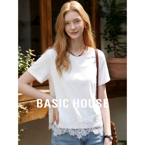 Basic House/百家好白色短袖T恤女2026夏季蕾丝下摆宽松休闲上衣