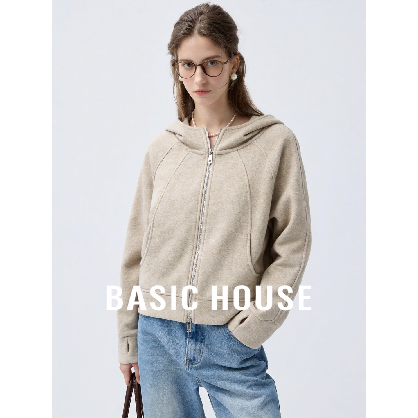 Basic House/百家好2026秋季米白连帽宽松插肩袖长袖套头女装卫衣
