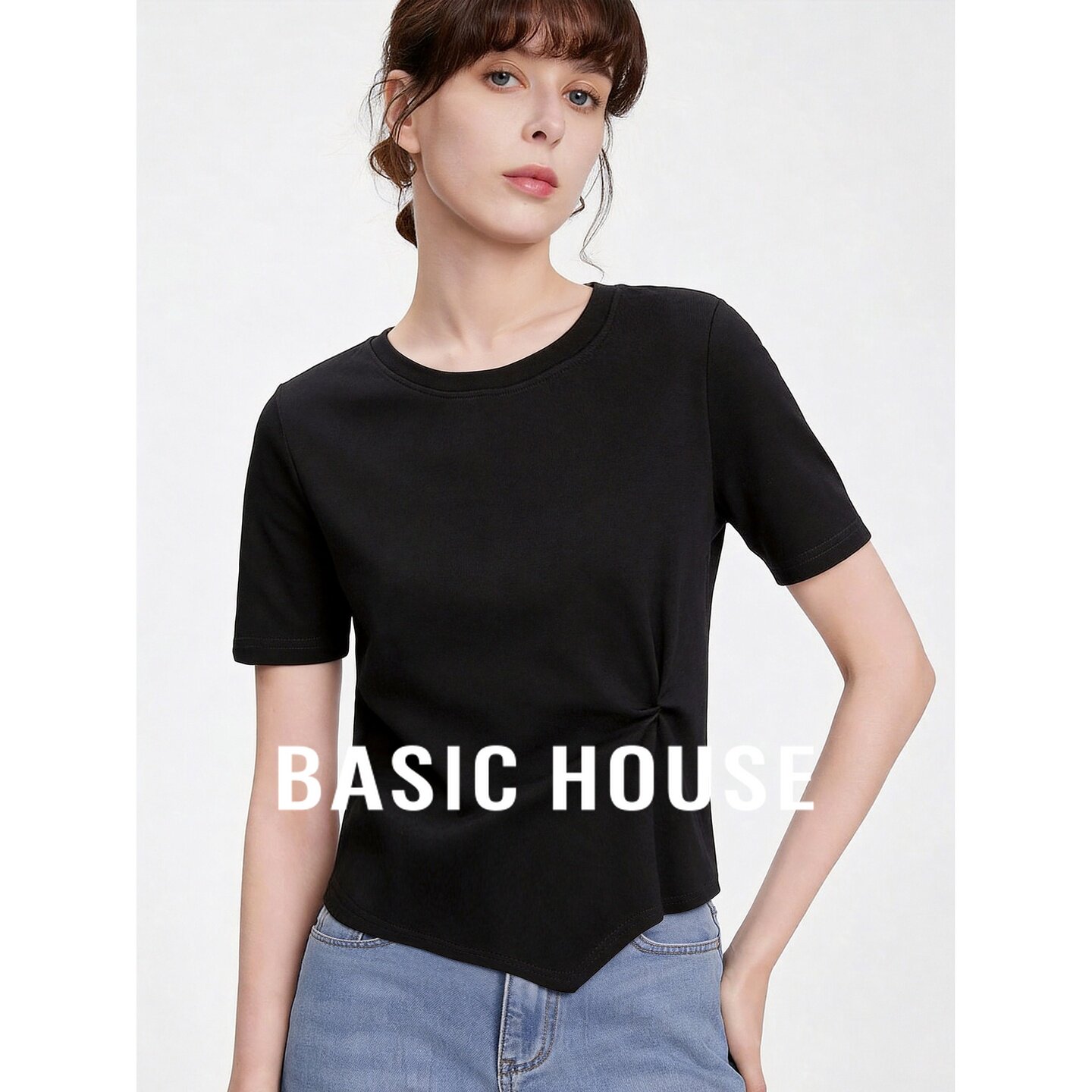 Basic House/百家好黑色小众设计感t恤不规则纯色正肩短袖夏季女
