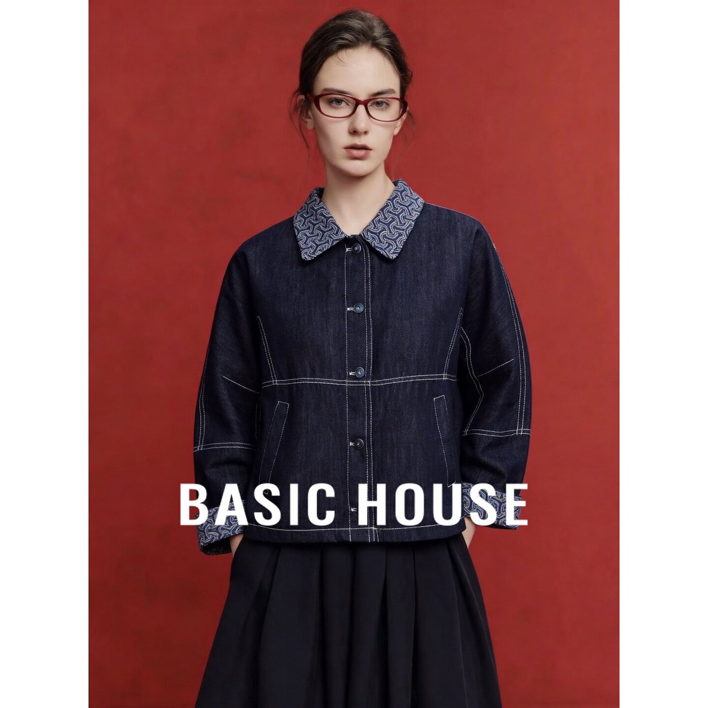 Basic House/百家好复古纹样拼接牛仔外套翻领长袖明线工装通勤女
