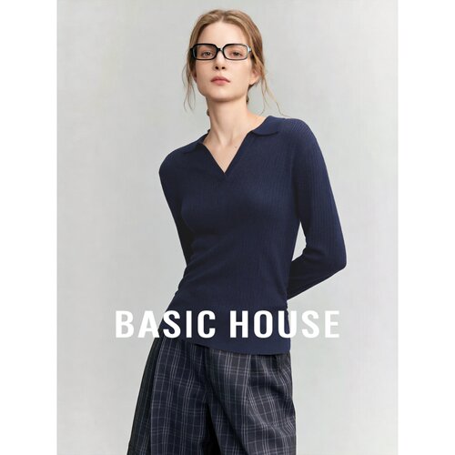 Basic House/百家好高级感针织衫女长袖翻领修身显瘦质感毛衣上衣