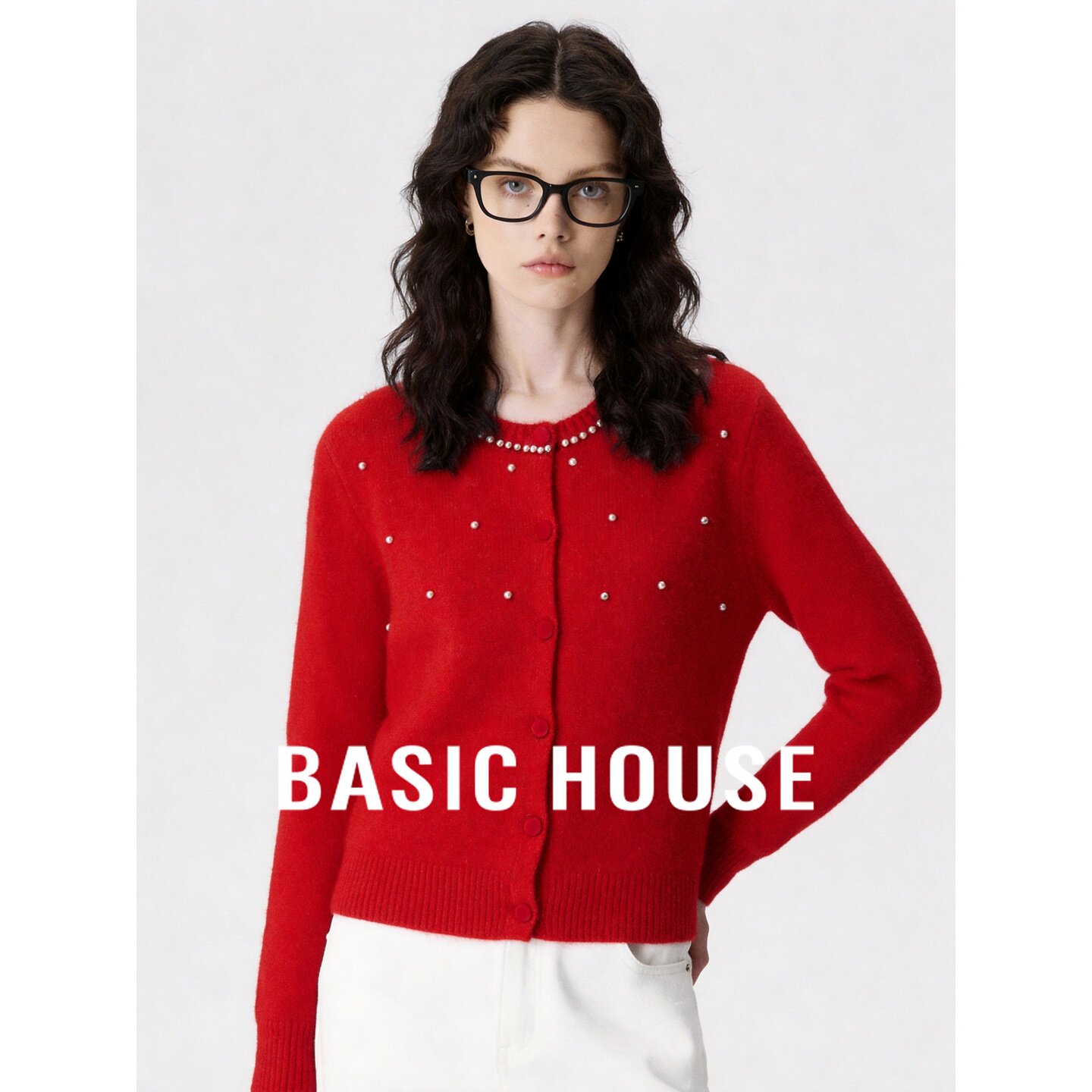 Basic House/百家好2026秋季圆领珍珠装饰长袖针织开衫女百搭显瘦