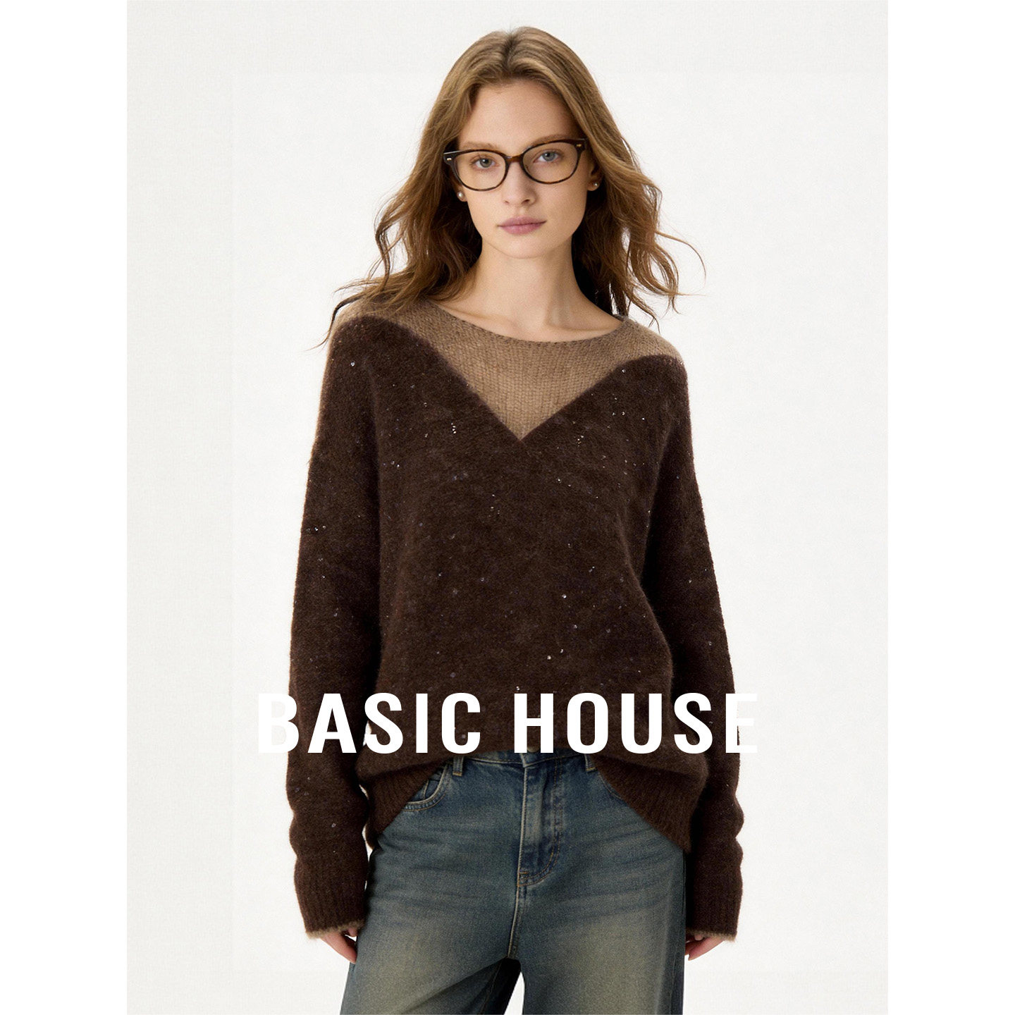 Basic House/百家好V领假两件长袖毛衣女秋细闪渐变设计宽松上衣