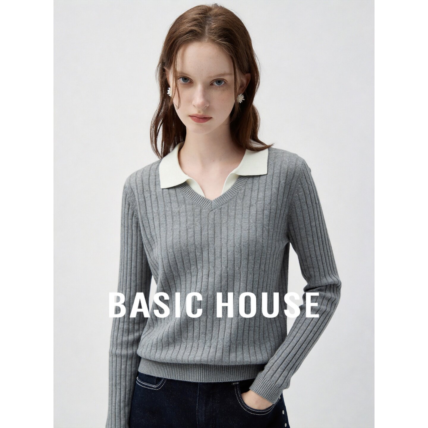 Basic House/百家好学院风假两件翻领针织衫女灰色长袖百搭减龄