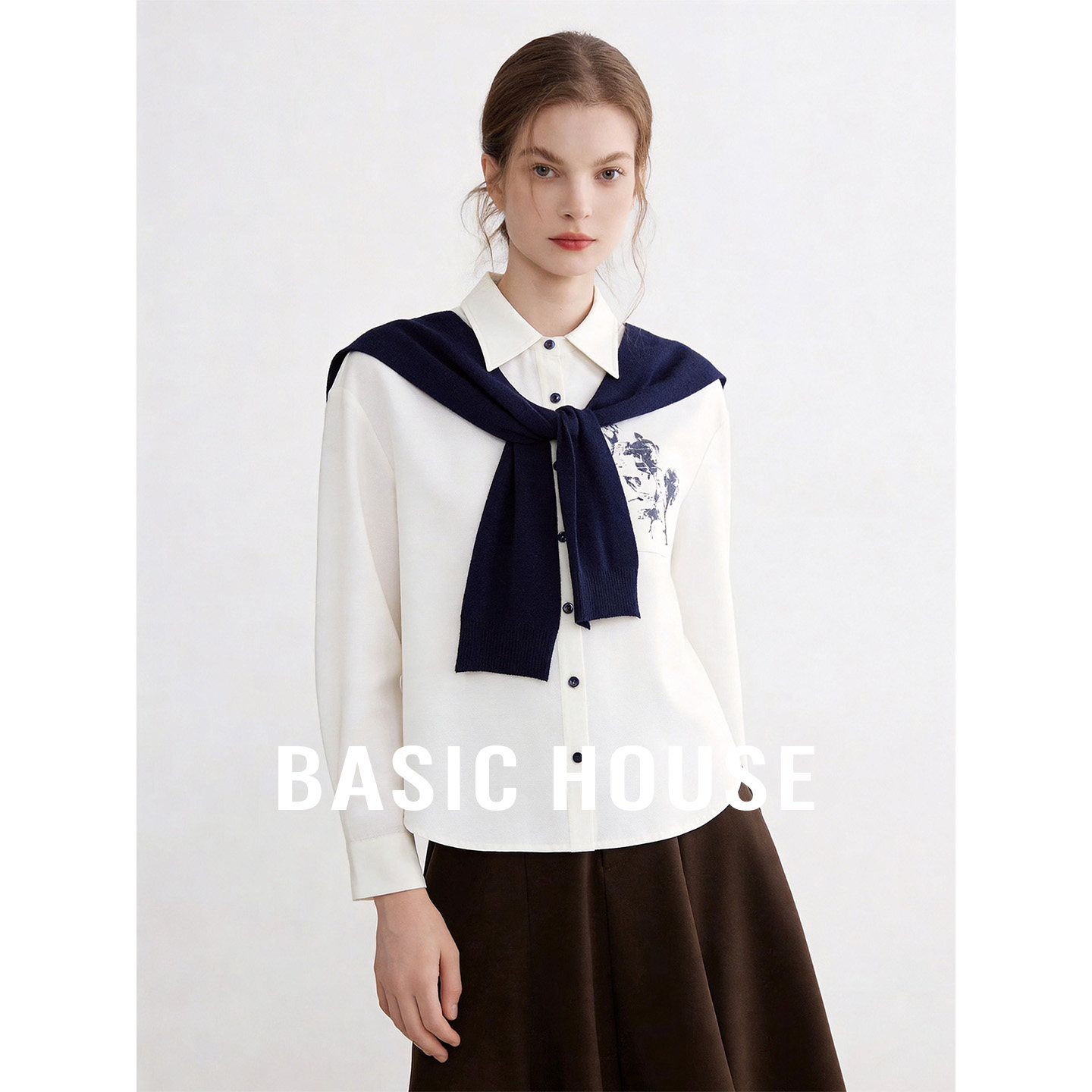 Basic House/百家好Polo领披肩印花长袖针织衫女春夏设计感上衣