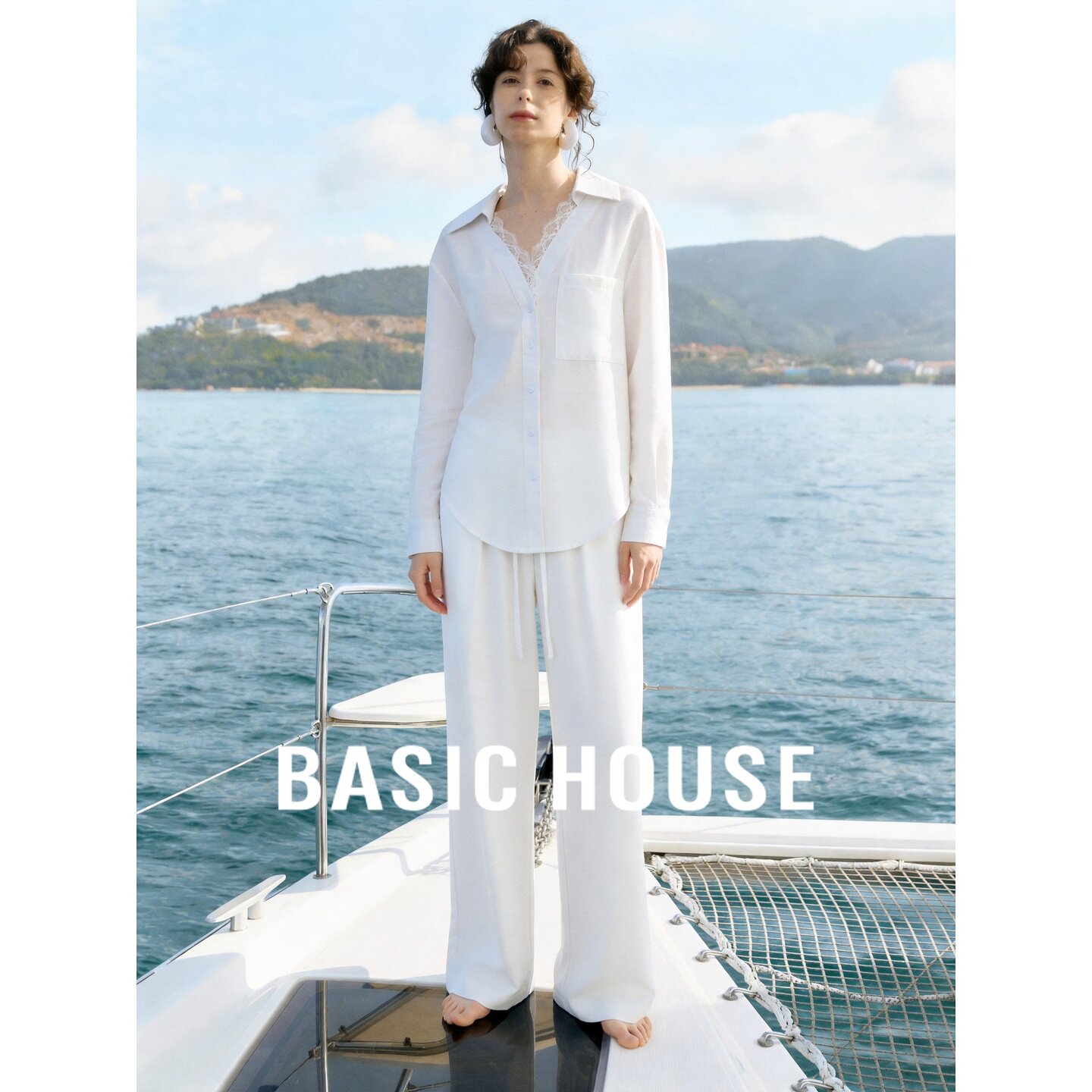 Basic House/百家好法式慵懒风白色衬衫套装女宽松高级感度假穿搭