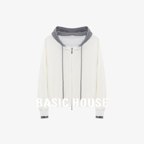Basic House/百家好柔软亲肤莱赛尔撞色拼接连帽双头拉链针织开衫